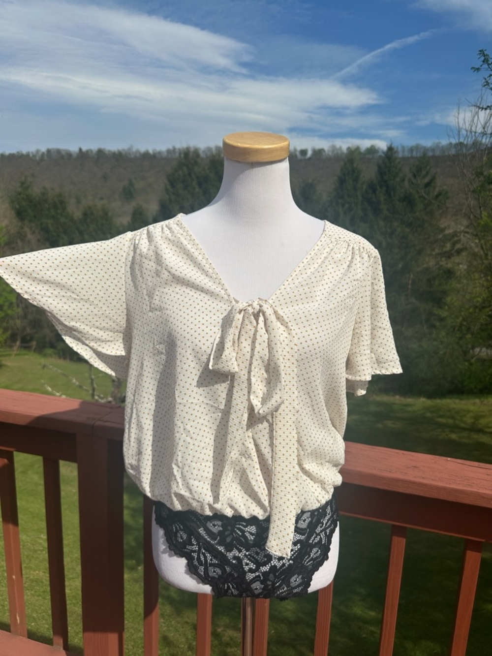 Free People Cream Dot Tie-Neck Flutter Sleeve Bodysuit - Picture 2 of 5